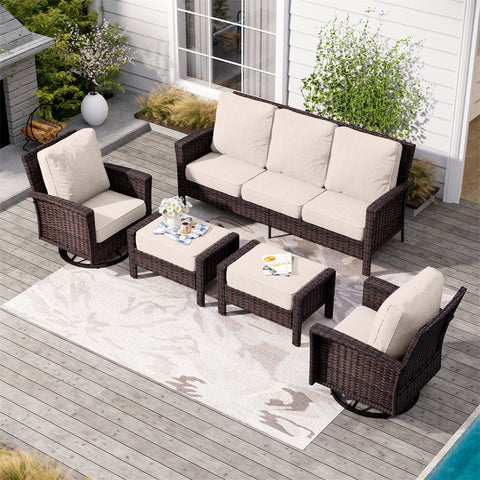5 Seats Wicker Patio Conversation Sofa Set with Swivel Chairs