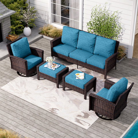 5 Seats Wicker Patio Conversation Sofa Set with Swivel Chairs