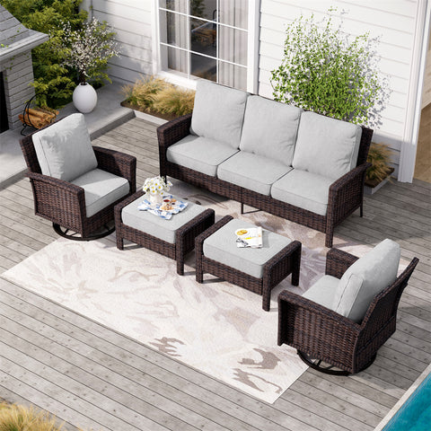 5 Seats Wicker Patio Conversation Sofa Set with Swivel Chairs