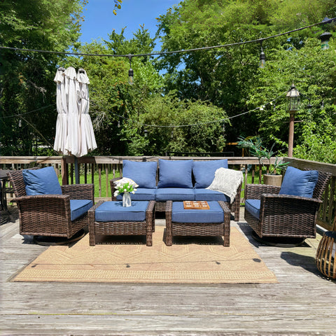 5 Seats Wicker Patio Conversation Sofa Set with Swivel Chairs