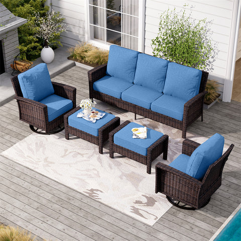 5 Seats Wicker Patio Conversation Sofa Set with Swivel Chairs