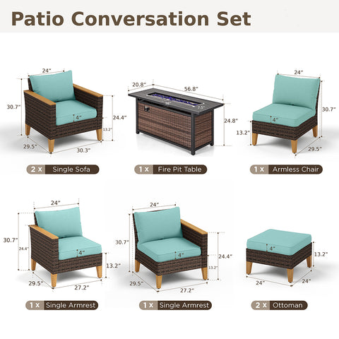 7-Seat Luxurious Half-moon Rattan Sofa with 56" Rattan Fire Pit Table