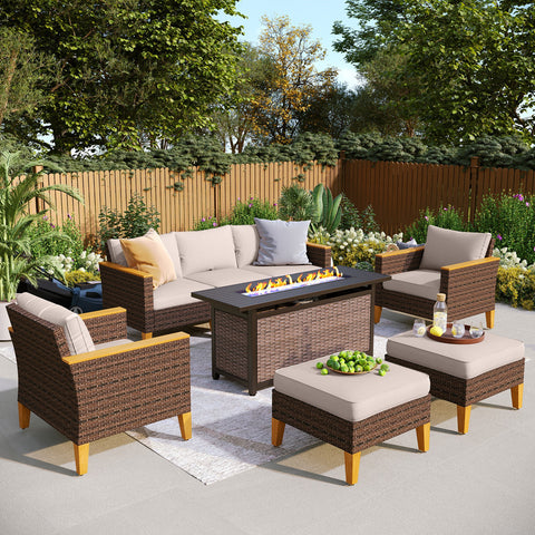 7-Seat Luxurious Half-moon Rattan Sofa with 56" Rattan Fire Pit Table