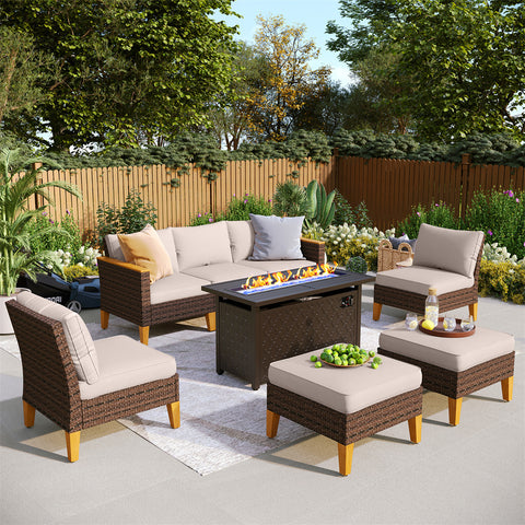 7-Seat Luxurious Half-moon Rattan Sofa with 45" Metal Fire Pit Table