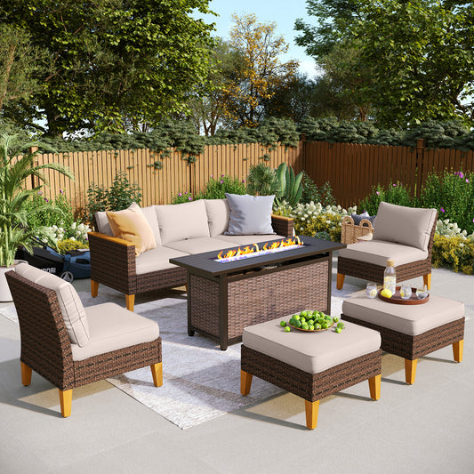 7-Seat Luxurious Half-moon Rattan Sofa with 56" Rattan Fire Pit Table