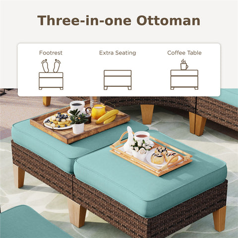 7-Seat Luxurious Half-moon Rattan Sofa with 45" Metal Fire Pit Table