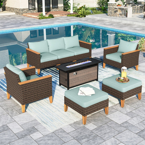 7-Seat Luxurious Half-moon Rattan Sofa with 56" Rattan Fire Pit Table