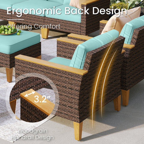 7-Seat Luxurious Half-moon Rattan Sofa with 45" Metal Fire Pit Table