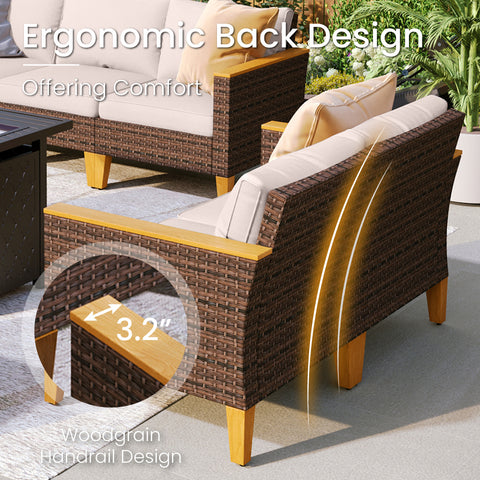 7-Seat Luxurious Half-moon Rattan Sofa with 45" Metal Fire Pit Table