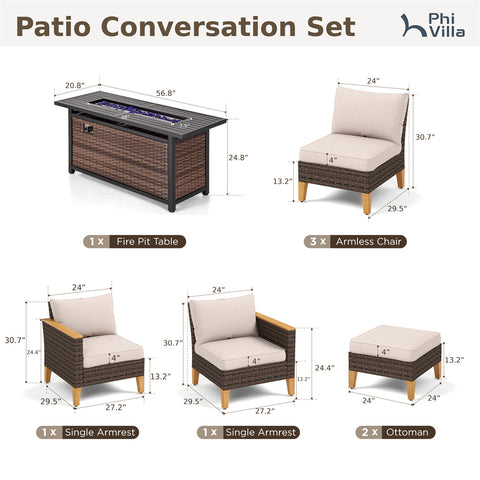 7-Seat Luxurious Half-moon Rattan Sofa with 45" Metal Fire Pit Table