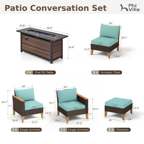 7-Seat Luxurious Half-moon Rattan Sofa with 45" Metal Fire Pit Table