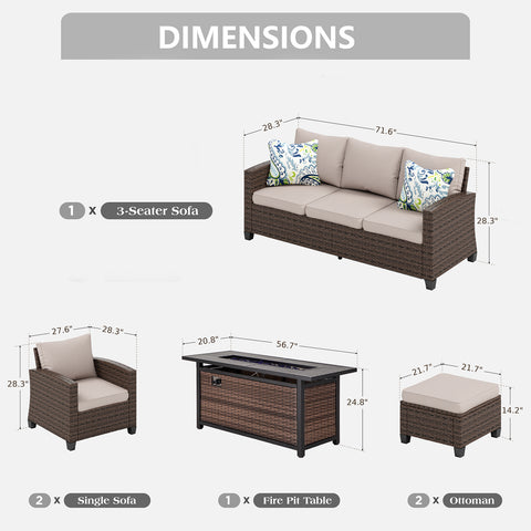 Upgraded Rattan Outdoor Sofa with 56" Rattan Fire Pit Table