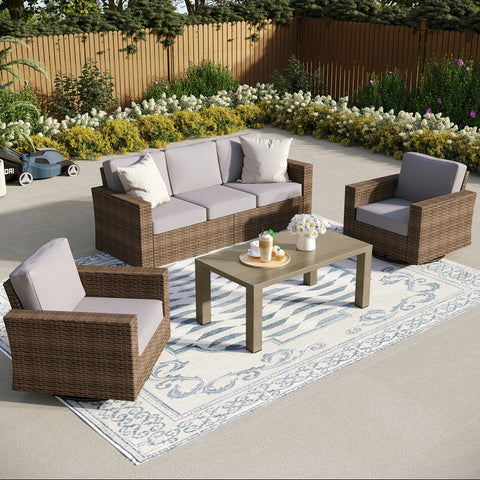 Luxury 5 Seats Wicker Patio Conversation Sofa Set with Swivel Chairs
