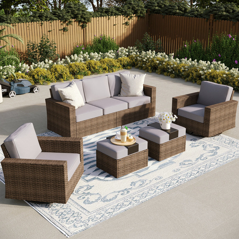 Luxury 5 Seats Wicker Patio Conversation Sofa Set with Swivel Chairs