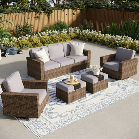 Luxury 5 Seats Wicker Patio Conversation Sofa Set with Swivel Chairs