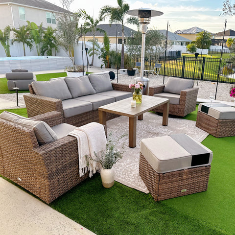 Luxury 5 Seats Wicker Patio Conversation Sofa Set with Swivel Chairs
