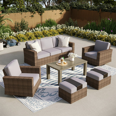 Luxury 5 Seats Wicker Patio Conversation Sofa Set with Swivel Chairs