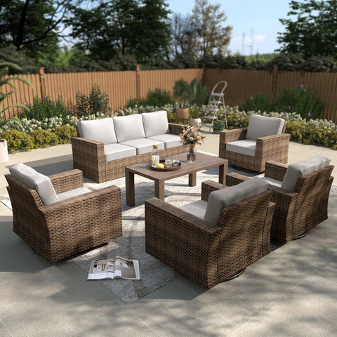 Luxury 5 Seats Wicker Patio Conversation Sofa Set with Swivel Chairs