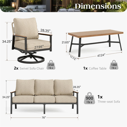 5-Seat Outdoor Patio Sofa Set With Iron-Woven Rattan Backrest and Coffee Table