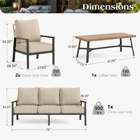 5-Seat Outdoor Patio Sofa Set With Iron-Woven Rattan Backrest and Coffee Table