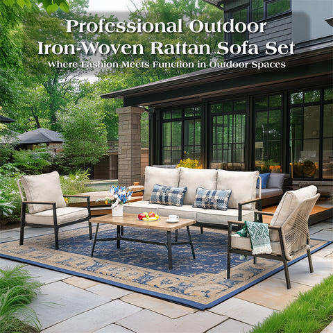 5-Seat Outdoor Patio Sofa Set With Iron-Woven Rattan Backrest and Coffee Table