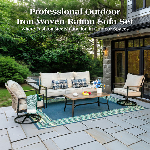 5-Seat Outdoor Patio Sofa Set With Iron-Woven Rattan Backrest and Coffee Table