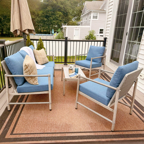 5/7-Seat Outdoor Steel and Rattan Sofa with Wood Grain Coffee Table