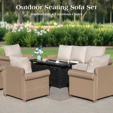 Luxury Wicker Patio Conversation Sofa Set with Fire Pit Table