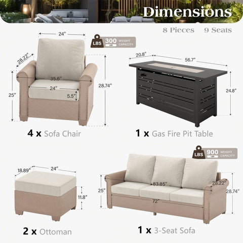 Luxury Wicker Patio Conversation Sofa Set with Fire Pit Table