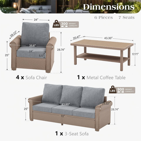 Luxury 5 Seats Wicker Patio Conversation Sofa Set with Wider Armrests