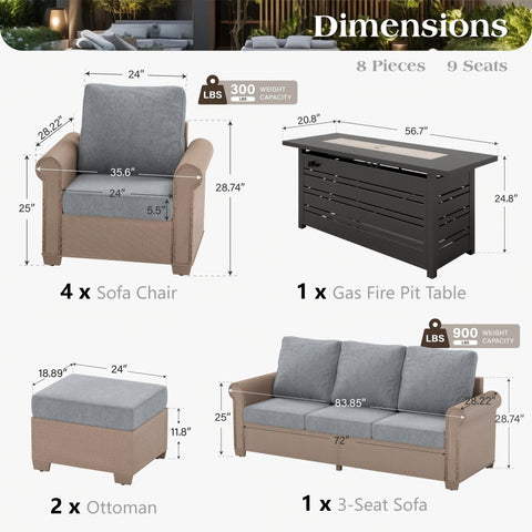 Luxury Wicker Patio Conversation Sofa Set with Fire Pit Table