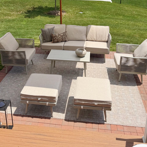 5 Seats Wicker Patio Conversation Sofa Set with Classic Rope Rattan Style