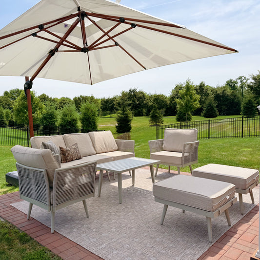 5 Seats Wicker Patio Conversation Sofa Set with Classic Rope Rattan Style