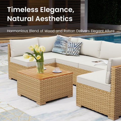 Outdoor Rattan Conversation Sofa Set with Acacia Wood Coffee Table