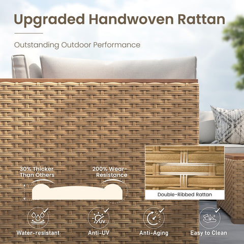 Outdoor Rattan Conversation Sofa Set with Acacia Wood Coffee Table