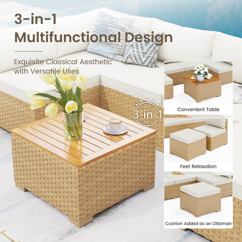 Outdoor Rattan Conversation Sofa Set with Acacia Wood Coffee Table