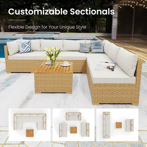 Outdoor Rattan Conversation Sofa Set with Acacia Wood Coffee Table