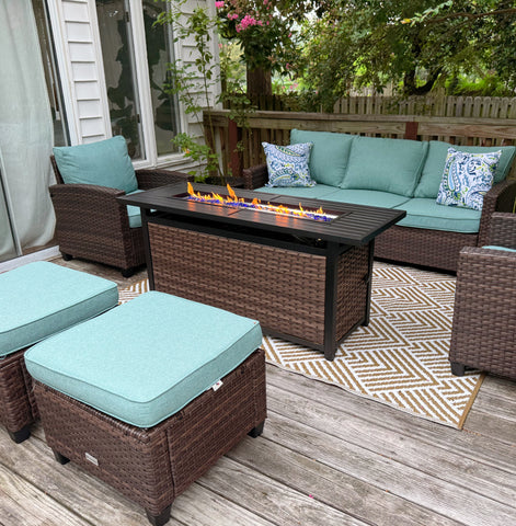 Upgraded Rattan Outdoor Sofa with 56" Rattan Fire Pit Table