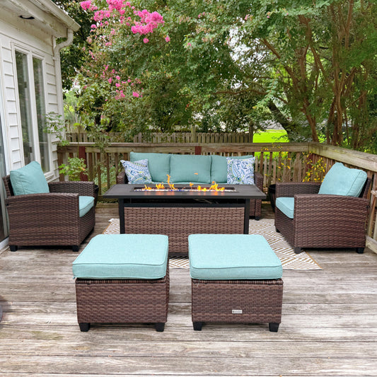 Upgraded Rattan Outdoor Sofa with 56" Rattan Fire Pit Table