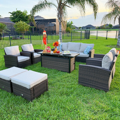 Upgraded Rattan Outdoor Sofa with 56" Rattan Fire Pit Table
