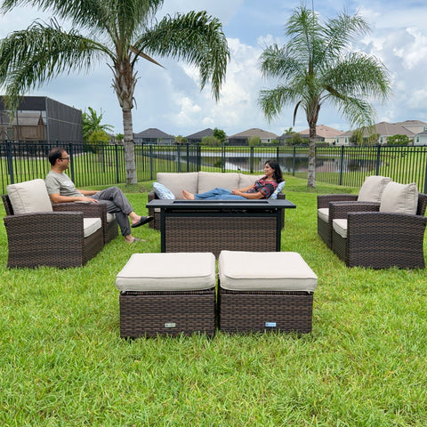 Upgraded Rattan Outdoor Sofa with 56" Rattan Fire Pit Table