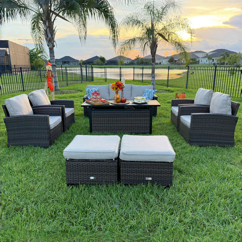 Upgraded Rattan Outdoor Sofa with 56" Rattan Fire Pit Table