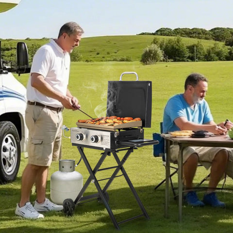 Captiva Designs 2-in-1 Portable Gas Griddle with Foldable Cart for Camping & Backyard, 20,000 BTU