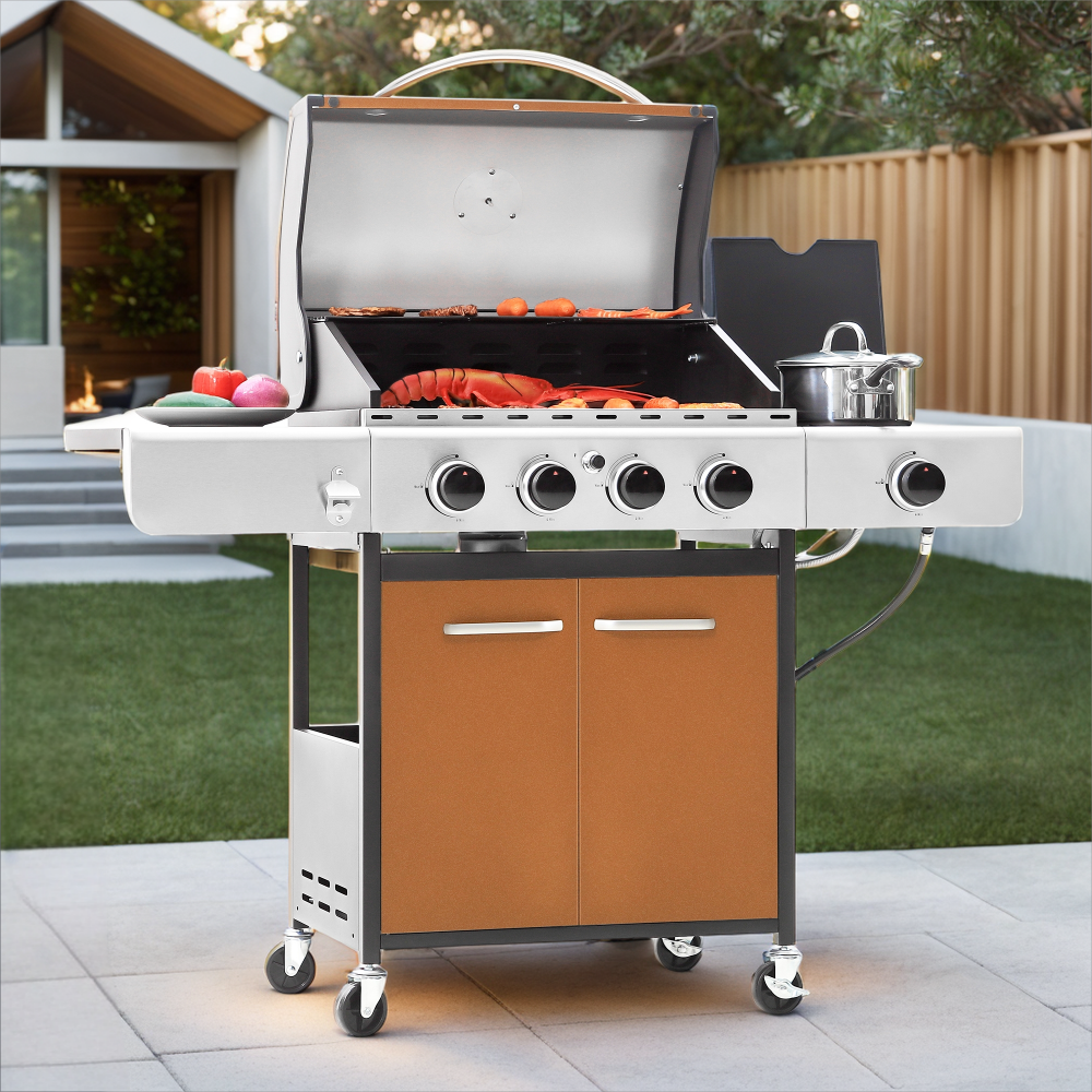 Captiva Designs 4-Burner Propane BBQ Grill with Side Burner for Outdoor Cooking