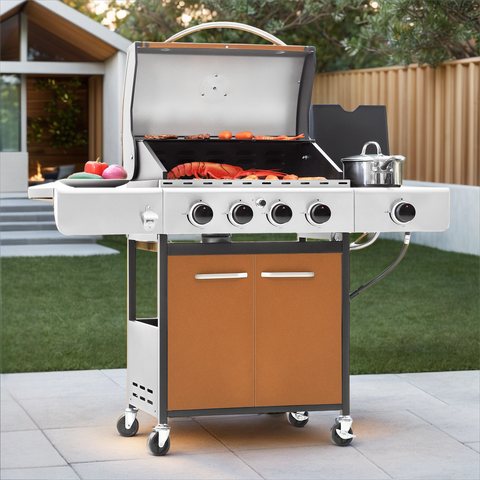 Captiva Designs 4-Burner Propane BBQ Grill with Side Burner for Outdoor Cooking