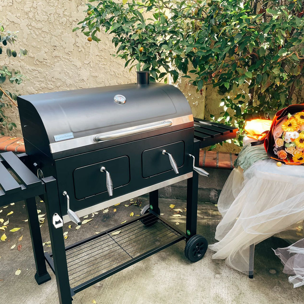 Captiva Designs Charcoal Patio Grill with 2 Liftable Enamel Charcoal Trays
