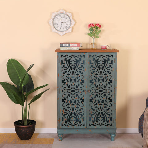 Tall Accent Storage Cabinet with Decorative Carved Design