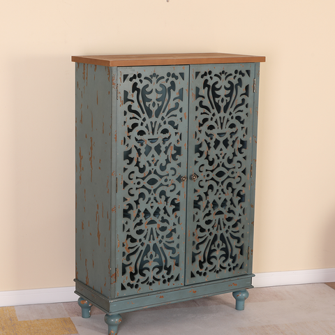 Tall Accent Storage Cabinet with Decorative Carved Design