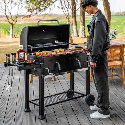 Charcoal Patio Grill with 2 Liftable Enamel Charcoal Trays