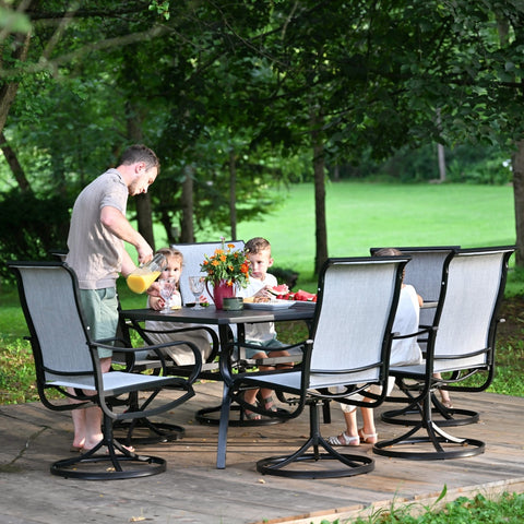 8-Piece 13ft Umbrella Patio Dining Set with Denim Blue / Grey Textilene Swivel Chair
